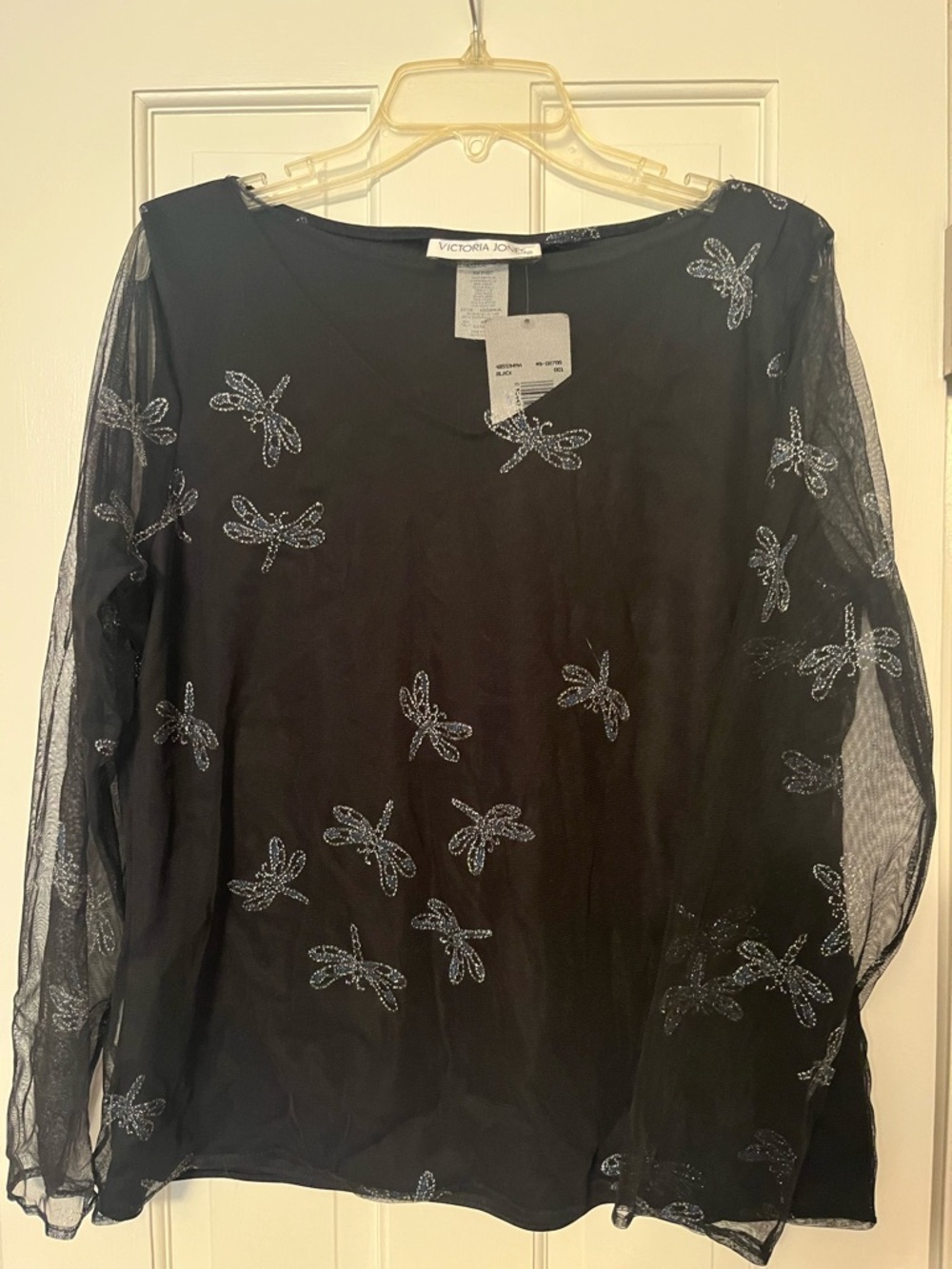 Victoria Jones Black Mesh Top with Silver Dragonfly Embellishments - Picture 1 of 12